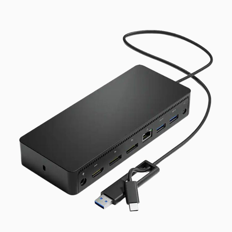 A black multi-port USB-C hub with a black cable and USB-C to USB-A adapter, shown on a clean white background.