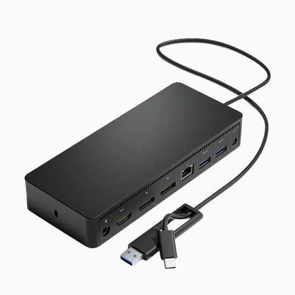 A black multi-port USB-C hub with a black cable and USB-C to USB-A adapter, shown on a clean white background.