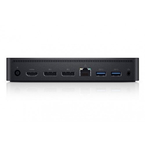 A black mini PC or desktop computer shown from the rear, featuring multiple ports including HDMI, DisplayPort, Ethernet, USB 3.0, and USB 3.