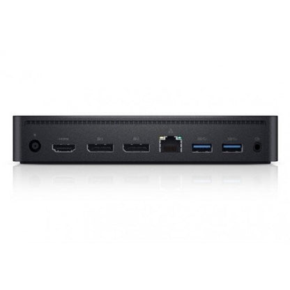 A black mini PC or desktop computer shown from the rear, featuring multiple ports including HDMI, DisplayPort, Ethernet, USB 3.0, and USB 3.