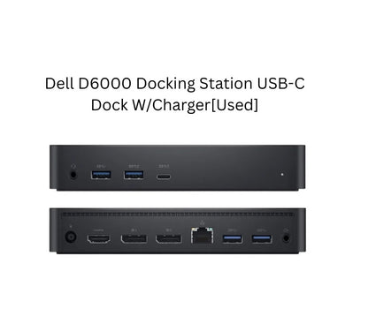 A used Dell D6000 docking station USB-C dock with charger, shown from the front and back against a white background with text overlay.
