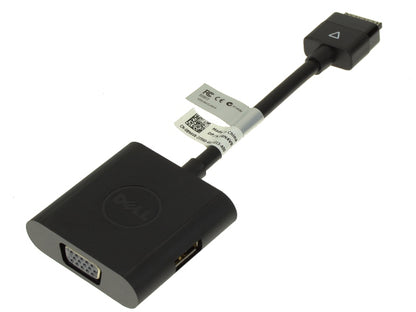 A Dell VGA to HDMI adapter cable with a black plastic housing, a VGA female connector, and a HDMI male connector, shown on a white background with its original shipping tag attached.