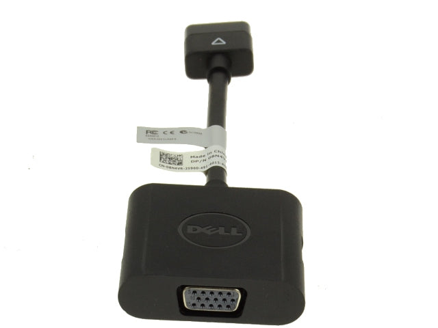 A Dell VGA adapter cable with a black plastic connector block, a 15-pin DVI plug, and a white product tag attached, shown on a plain white background.