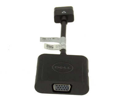 A Dell VGA adapter cable with a black plastic connector block, a 15-pin DVI plug, and a white product tag attached, shown on a plain white background.