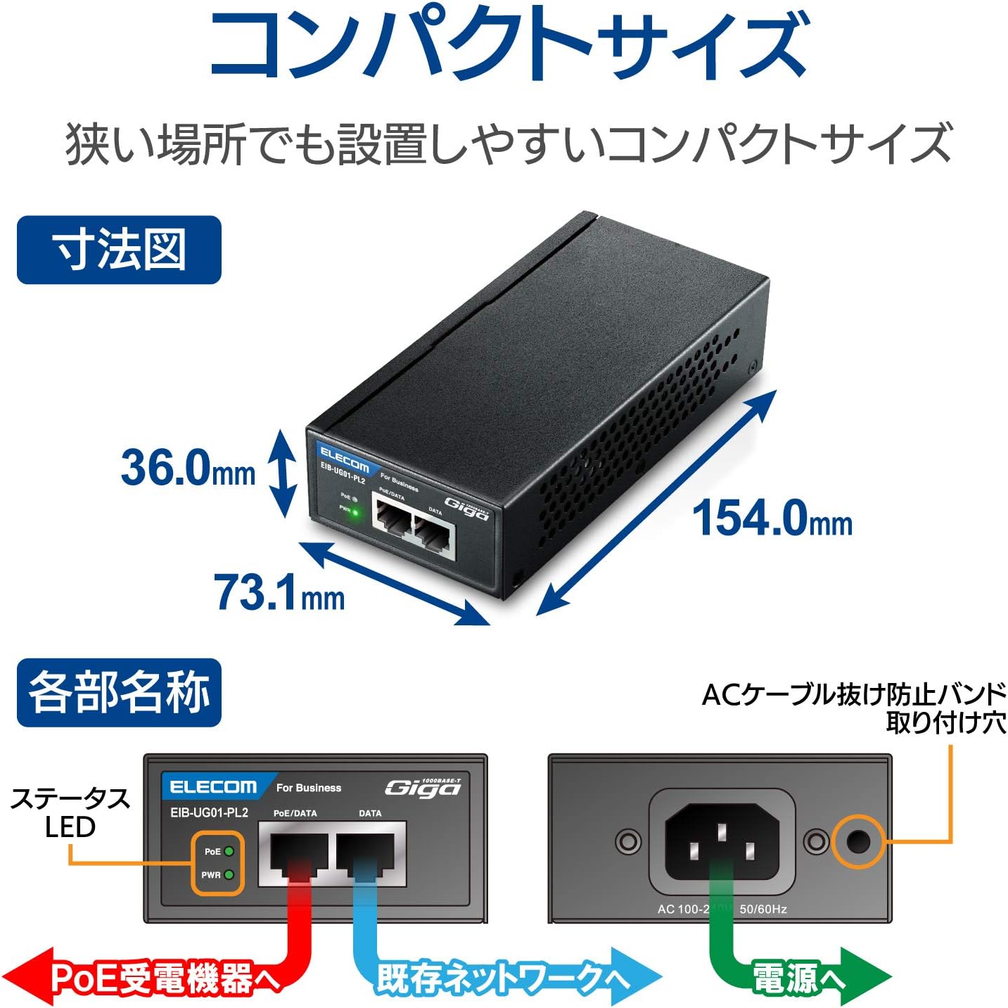 Elecom PoE Injector Gigabit Compatible 3 EIB-UG01-PF2 | IEEE 802.3af PoE | 10/100/1000Mbps Ethernet | Power &amp; Data Over Single LAN Cable