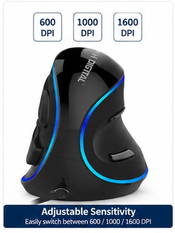 Ergonomic Vertical USB Mouse with Adjustable DPI - Wired, Removable Palm Rest & Programmable Buttons | J-Tech Digital V628