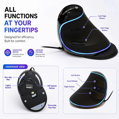 Ergonomic Vertical USB Mouse with Adjustable DPI - Wired, Removable Palm Rest & Programmable Buttons | J-Tech Digital V628