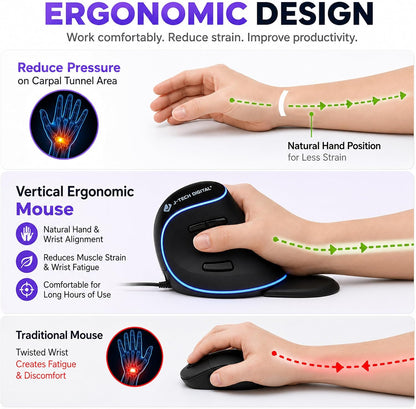 Ergonomic Vertical USB Mouse with Adjustable DPI - Wired, Removable Palm Rest & Programmable Buttons | J-Tech Digital V628