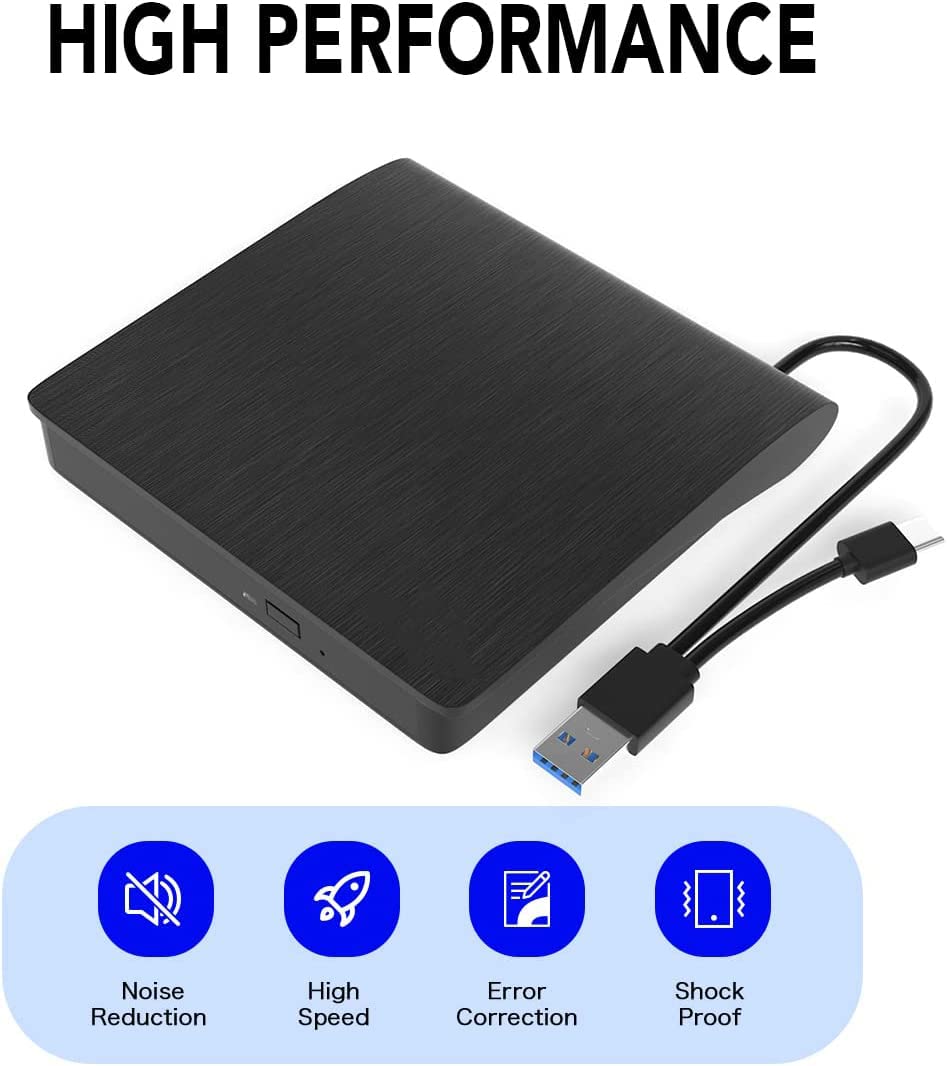 External CD/DVD Drive – USB 3.0 & USB-C Portable Reader for Laptop & PC