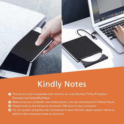External CD/DVD Drive – USB 3.0 & USB-C Portable Reader for Laptop & PC