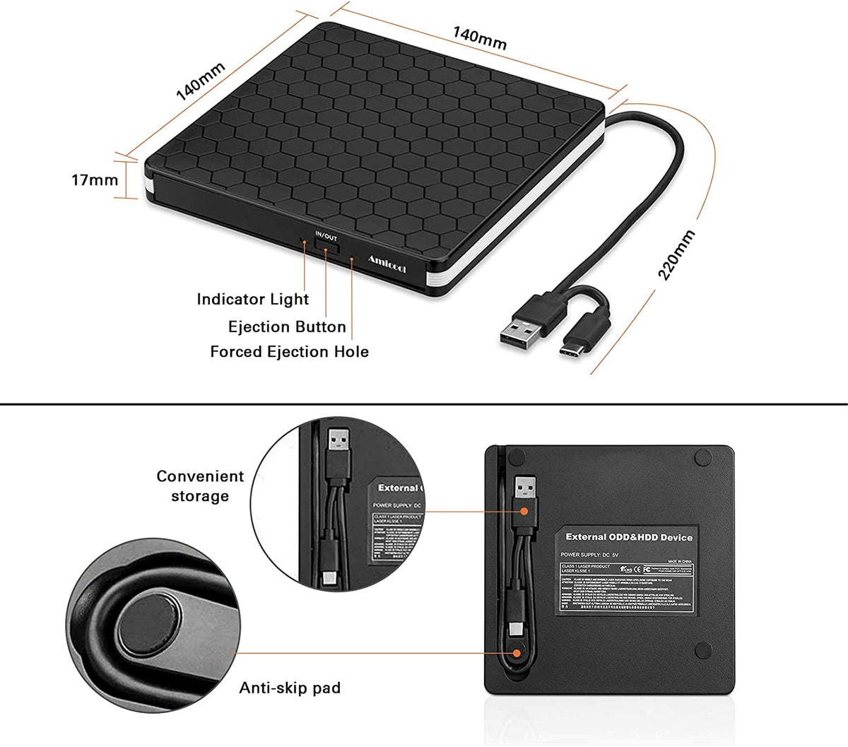 External CD/DVD Drive – USB 3.0 & USB-C Portable Reader for Laptop & PC