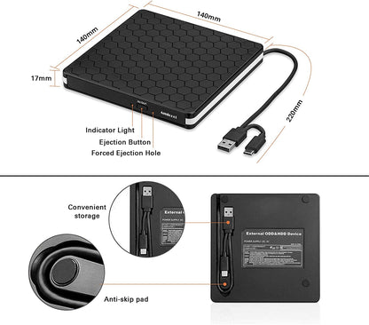 External CD/DVD Drive – USB 3.0 & USB-C Portable Reader for Laptop & PC