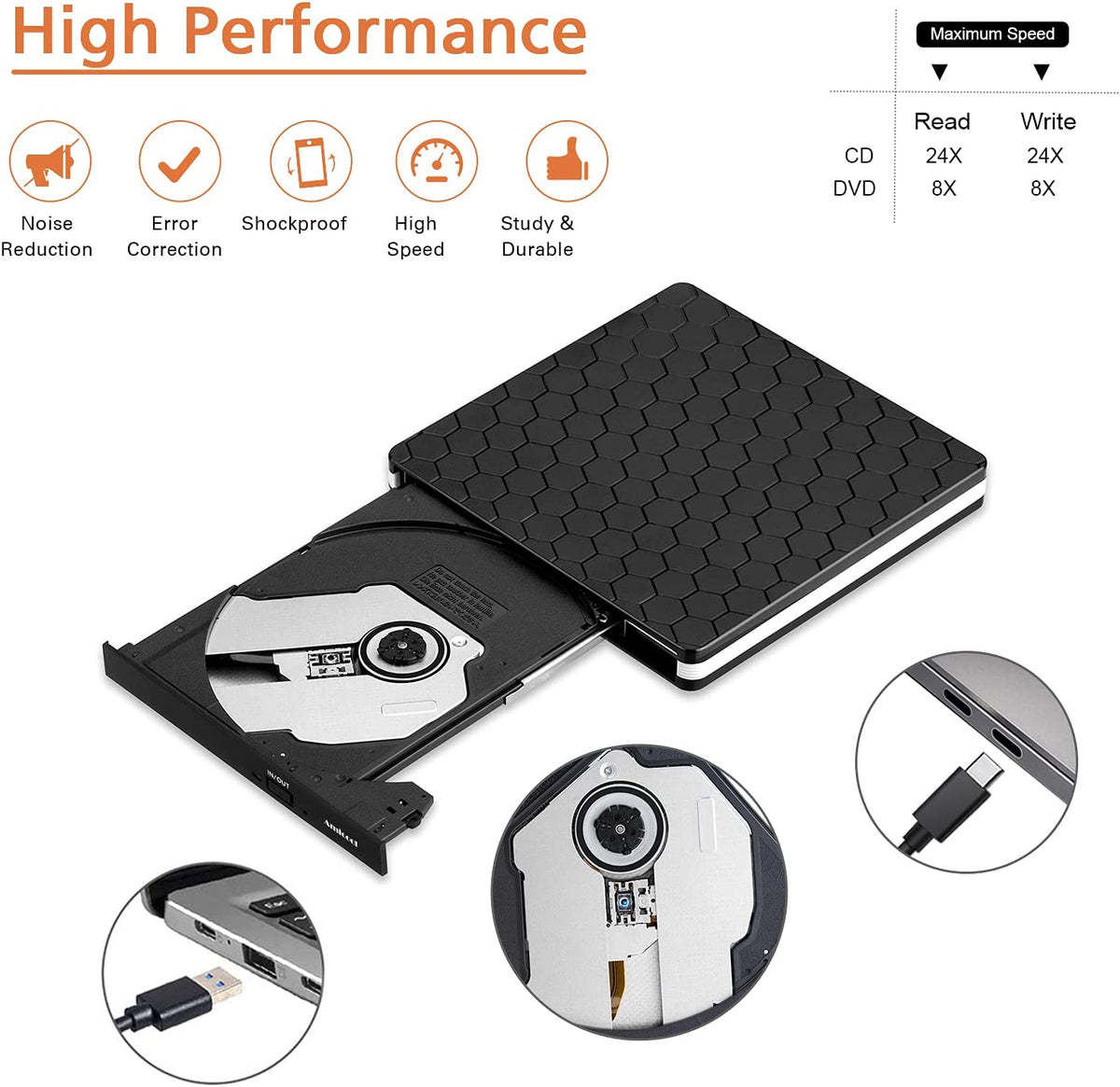 External CD/DVD Drive – USB 3.0 & USB-C Portable Reader for Laptop & PC