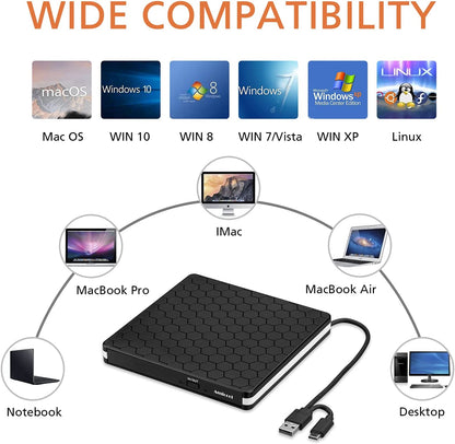 External CD/DVD Drive – USB 3.0 & USB-C Portable Reader for Laptop & PC
