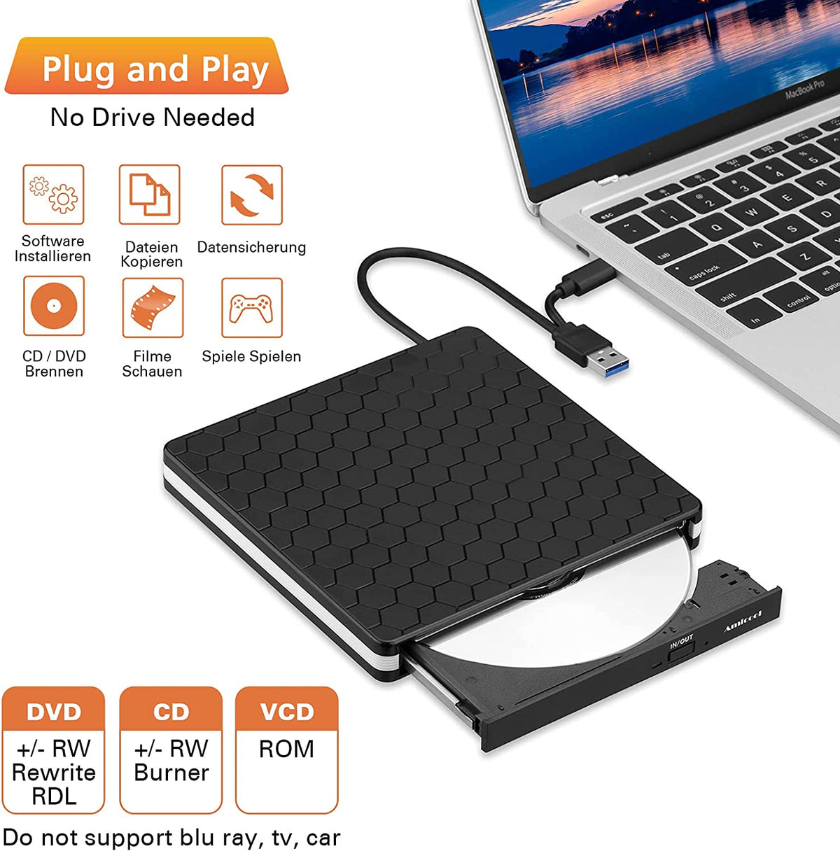 External CD/DVD Drive – USB 3.0 & USB-C Portable Reader for Laptop & PC