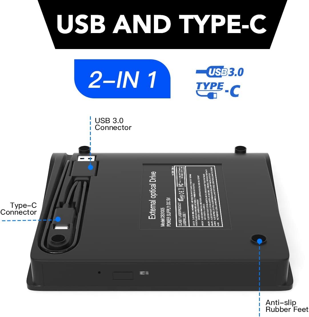 External CD/DVD Drive – USB 3.0 & USB-C Portable Reader for Laptop & PC