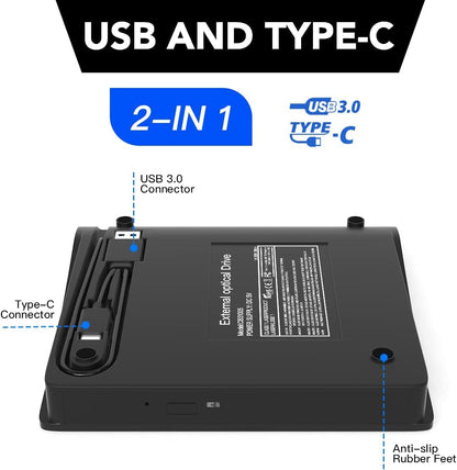 External CD/DVD Drive – USB 3.0 & USB-C Portable Reader for Laptop & PC