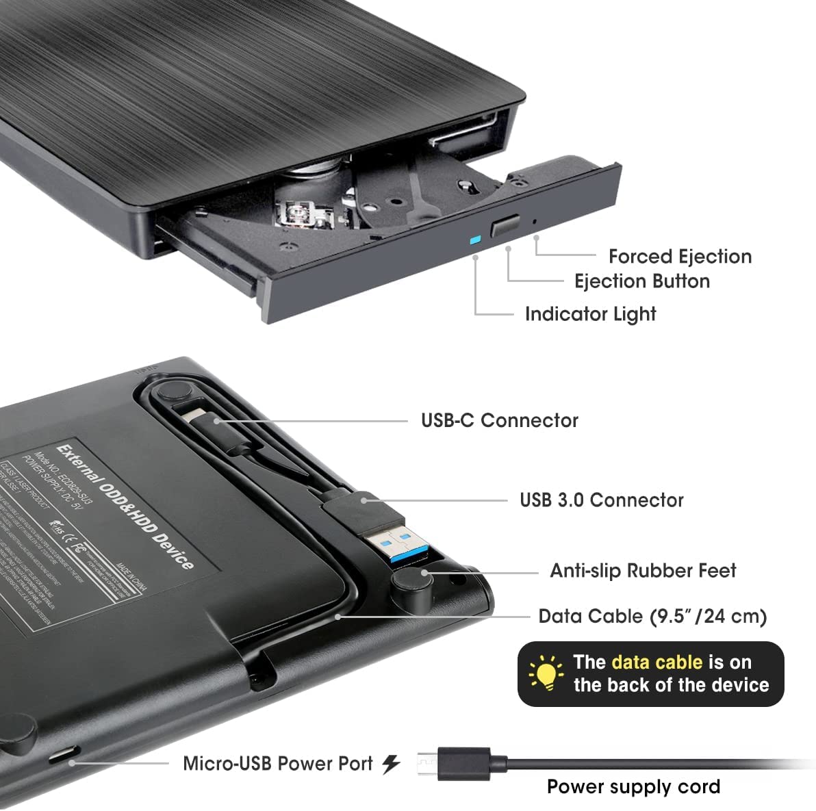 External CD/DVD Drive – USB 3.0 & USB-C Portable Reader for Laptop & PC