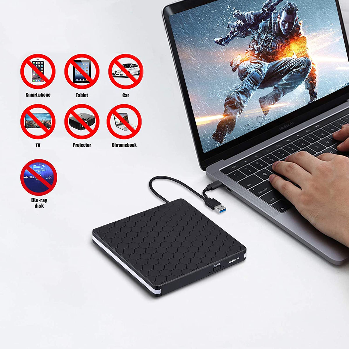 External CD/DVD Drive – USB 3.0 & USB-C Portable Reader for Laptop & PC