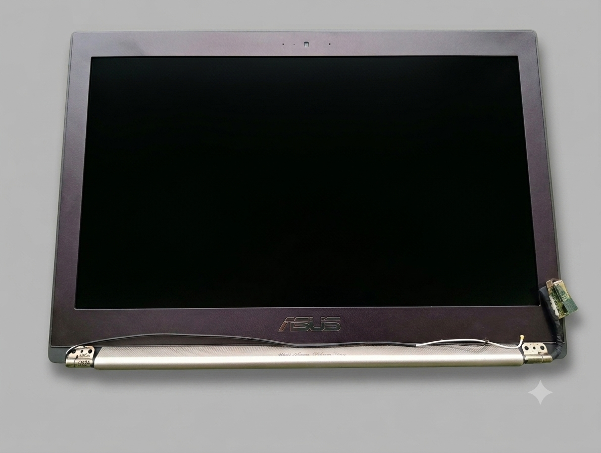 Laptop screen with brand logo on a gray background