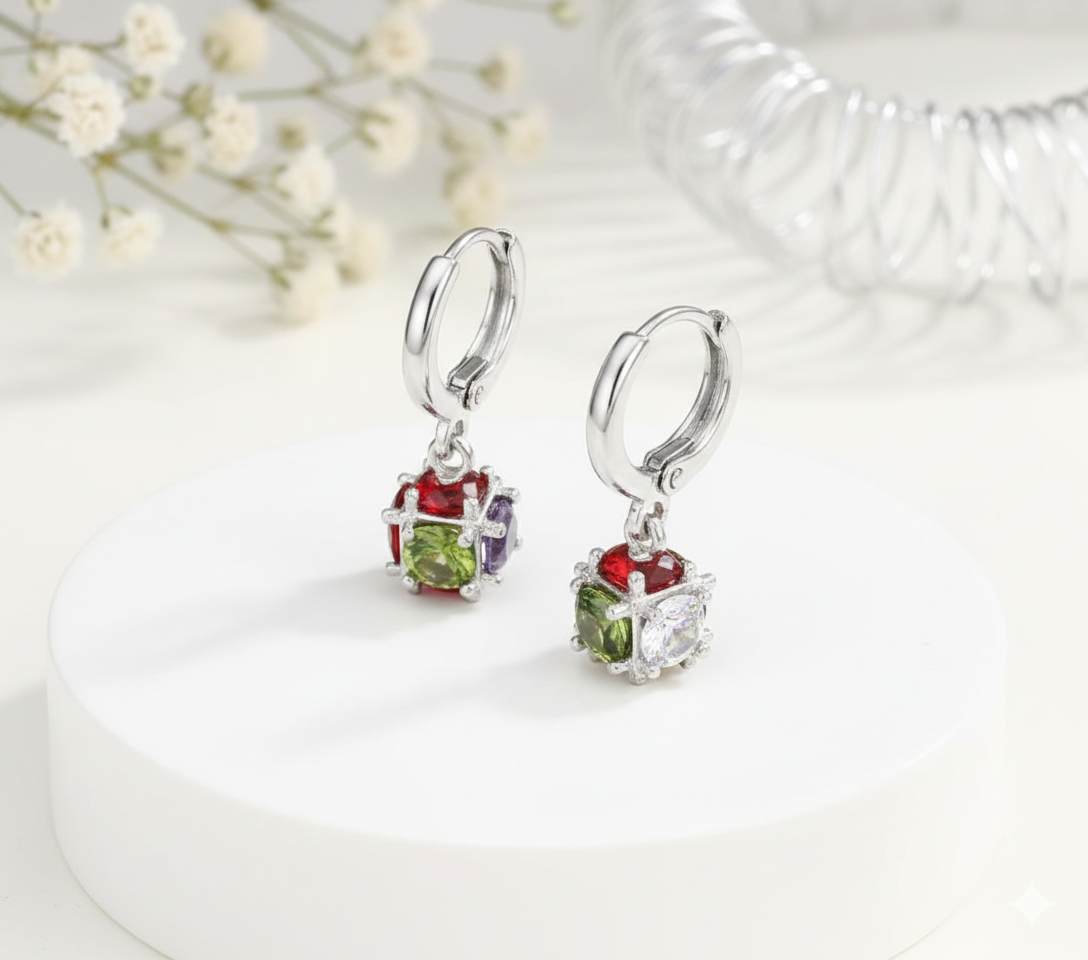 ✨ Elegant Multicolor Crystal Hoop Earrings  Silver-Tone | Premium Finish | Lightweight & Stylish