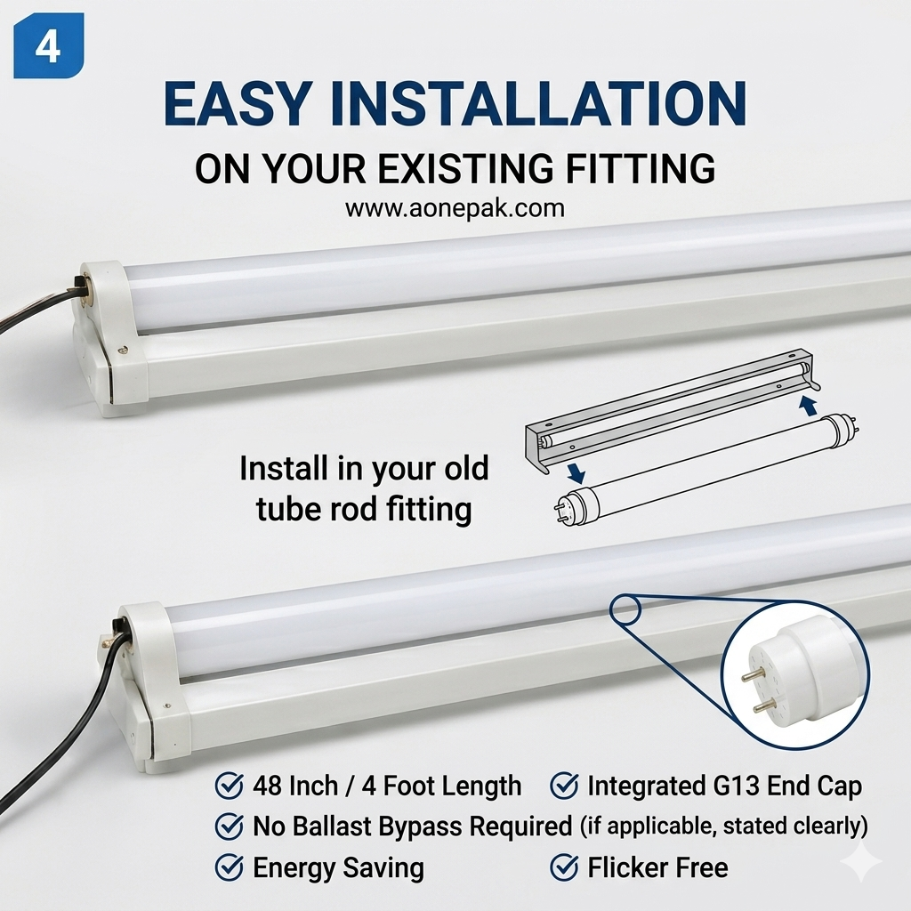 LED T8 Tube Light 48 Inch 4 Foot 24W 6500K Cool Daylight | Energy Saving High Brightness Glass Body LED Tube | 220-240V AC | Long Life Easy Installation