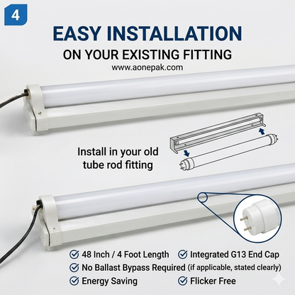 LED T8 Tube Light 48 Inch 4 Foot 24W 6500K Cool Daylight | Energy Saving High Brightness Glass Body LED Tube | 220-240V AC | Long Life Easy Installation