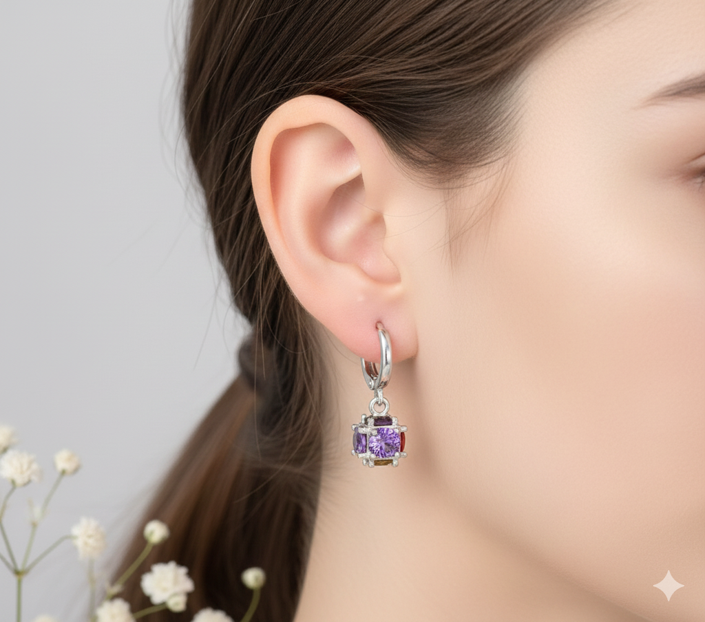 ✨ Elegant Multicolor Crystal Hoop Earrings  Silver-Tone | Premium Finish | Lightweight & Stylish