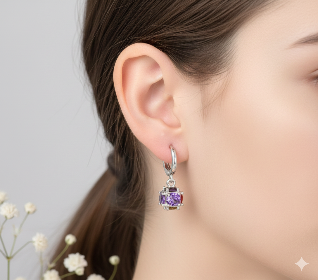 ✨ Elegant Multicolor Crystal Hoop Earrings  Silver-Tone | Premium Finish | Lightweight & Stylish