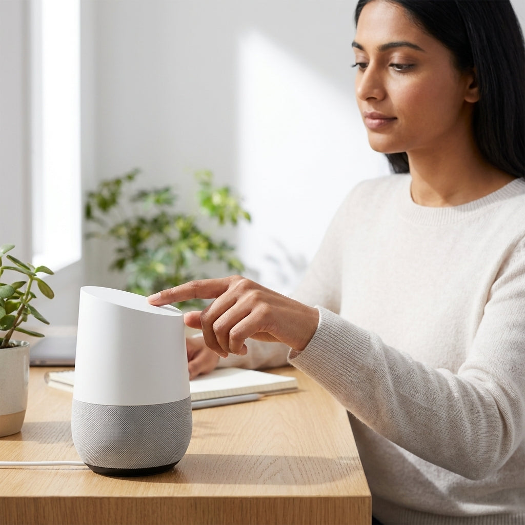 A woman in a light beige sweater interacts with a white and gray Google Home smart speaker on a wooden desk in a bright, modern room.