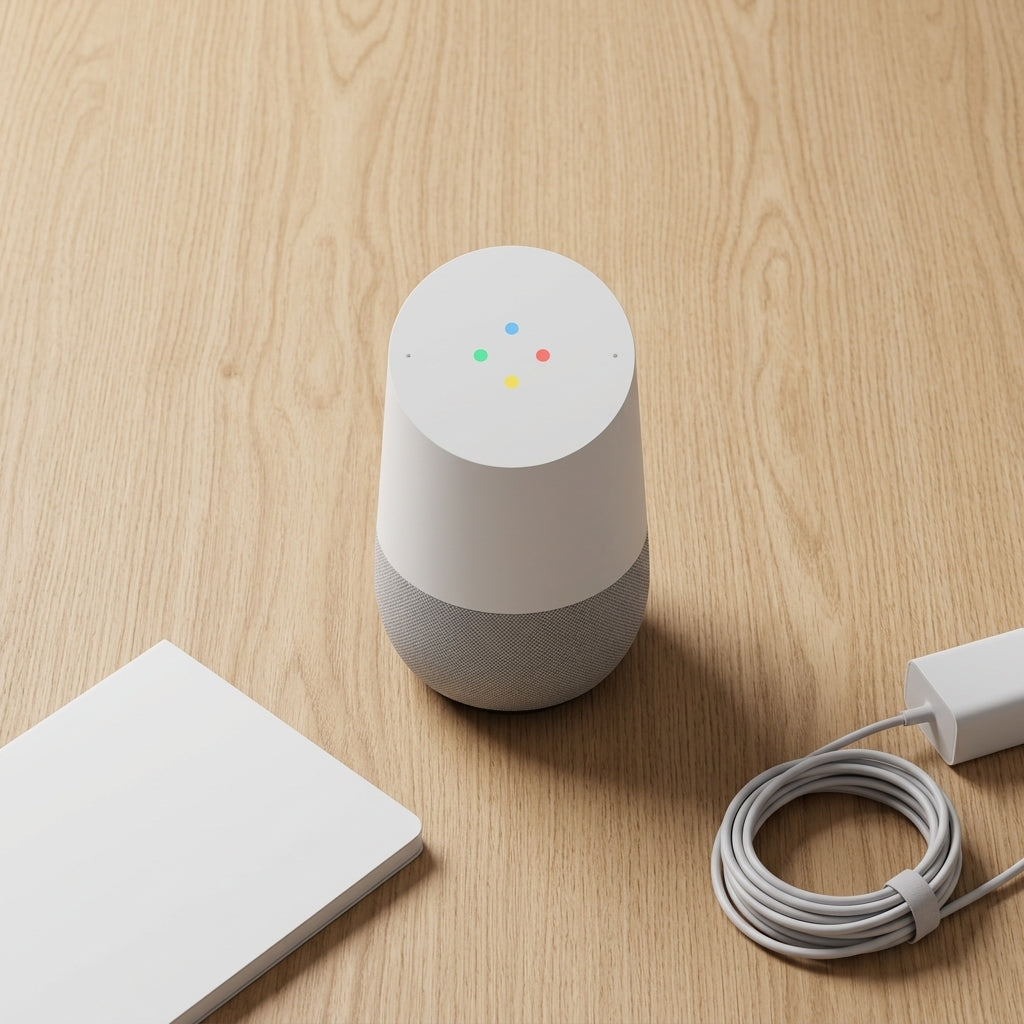 A Google Nest smart speaker device in white and gray sits on a light wood tabletop, with a white power adapter and cable to the right and a white rectangular accessory to the lower left.