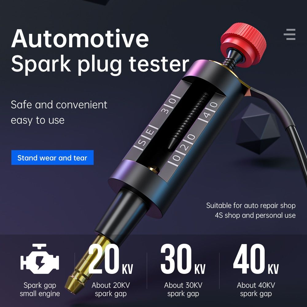 An automotive spark plug tester tool with a black body, red adjustment knob, and gold metal tip, shown on a dark promotional background with text and spark gap voltage information.