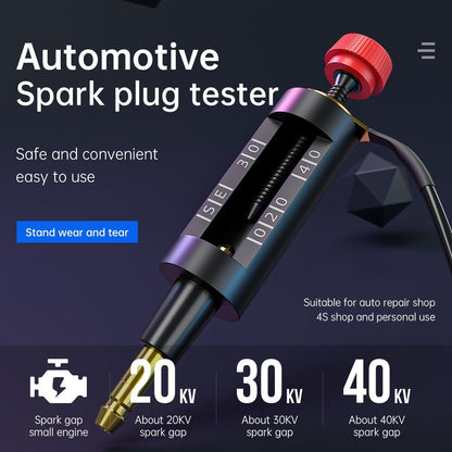 An automotive spark plug tester tool with a black body, red adjustment knob, and gold metal tip, shown on a dark promotional background with text and spark gap voltage information.