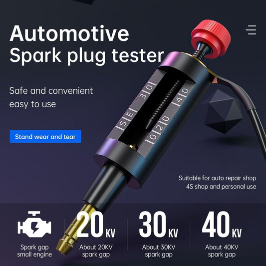 An automotive spark plug tester tool with a black body, red adjustment knob, and gold metal tip, shown on a dark promotional background with text and spark gap voltage information.