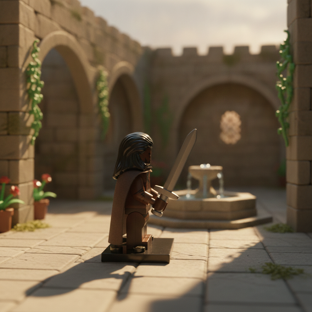 LEGO Marvel Heimdall - Miniature figure of a warrior holding a sword in front of a castle-like structure.