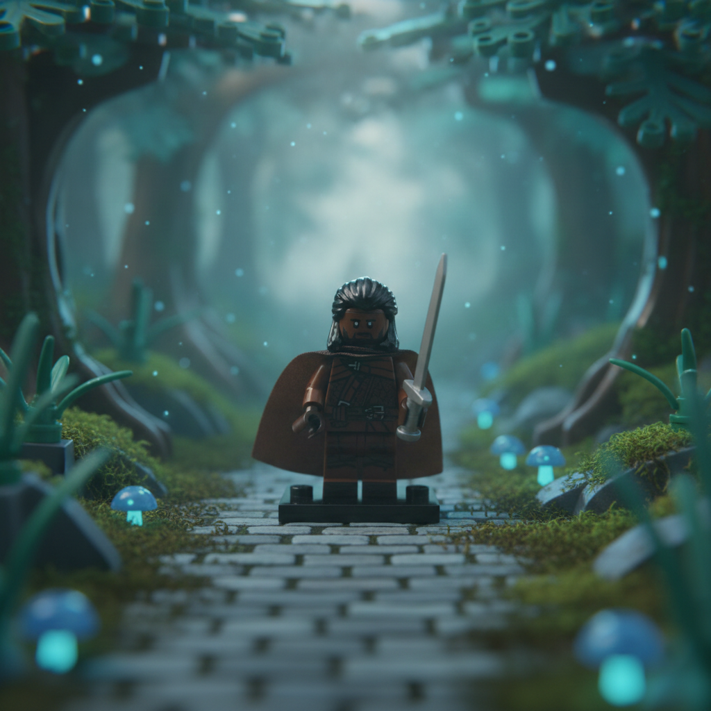 LEGO Marvel Heimdall - Lego figure holding a sword in a mystical forest with glowing mushrooms