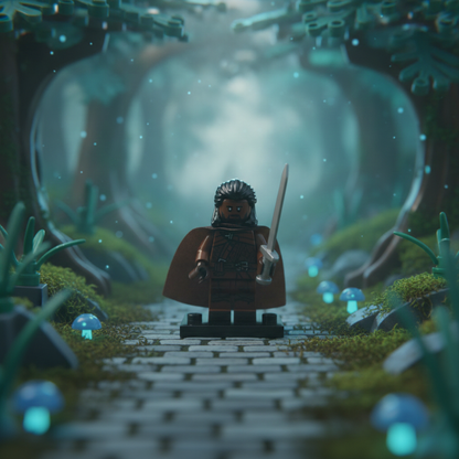 LEGO Marvel Heimdall - Lego figure holding a sword in a mystical forest with glowing mushrooms