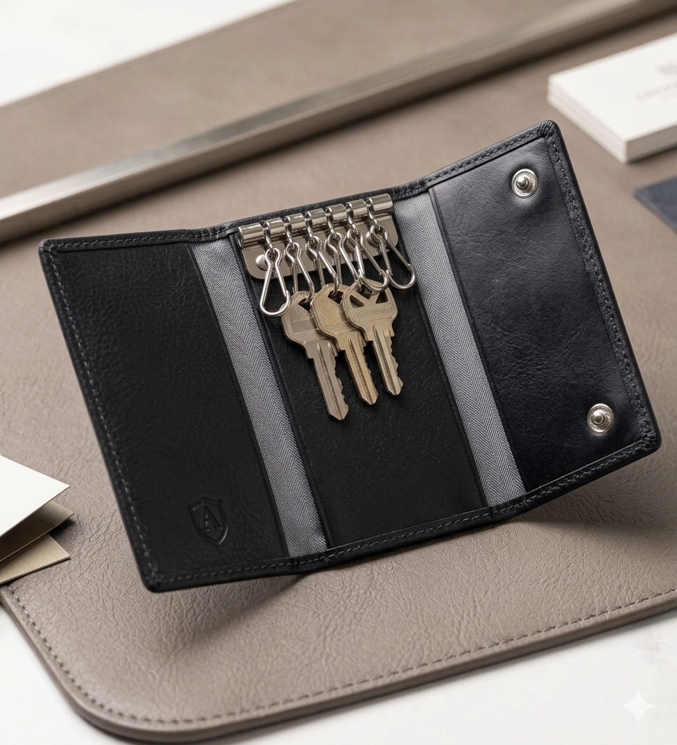 Leather Key Holder Wallet-Black leather key organizer with keys on a beige surface