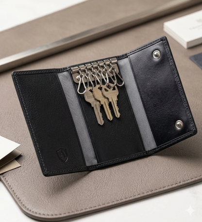 Leather Key Holder Wallet-Black leather key organizer with keys on a beige surface