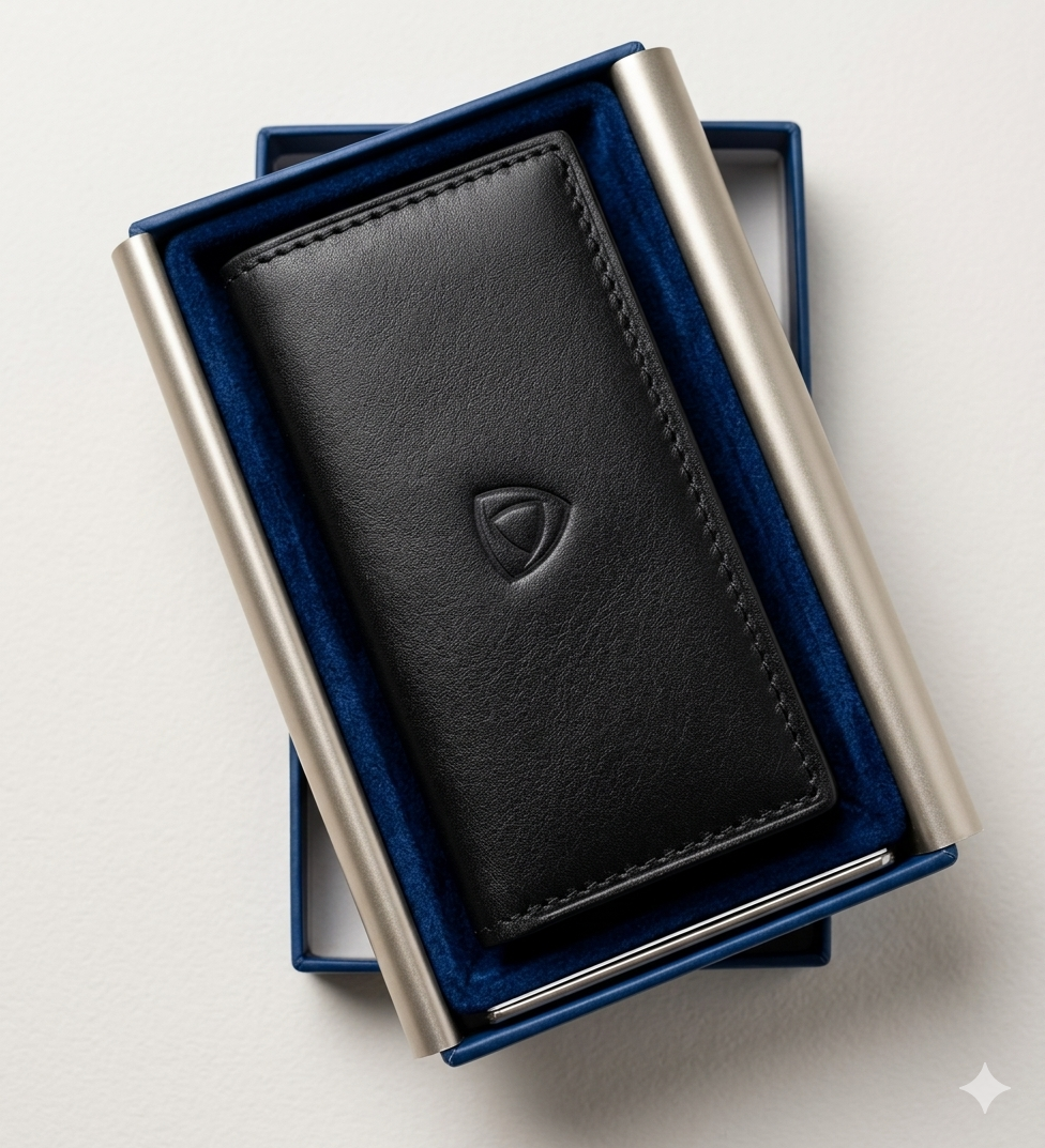 Leather Key Holder Wallet-Black leather wallet with metal accents in a blue box on a light gray background