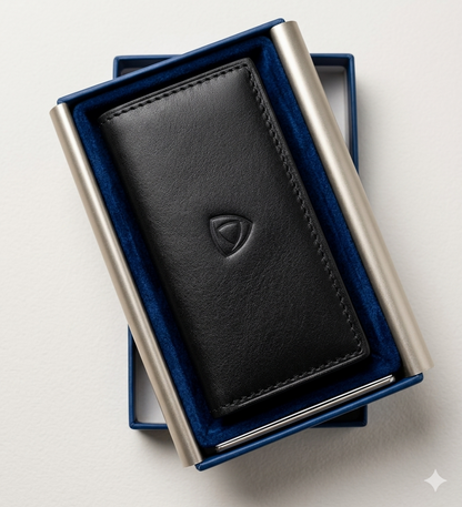 Leather Key Holder Wallet-Black leather wallet with metal accents in a blue box on a light gray background