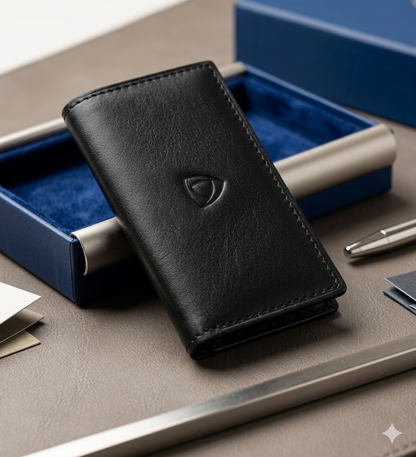 Leather Key Holder Wallet-Black leather wallet with a logo on a gray surface with a blue box in the background