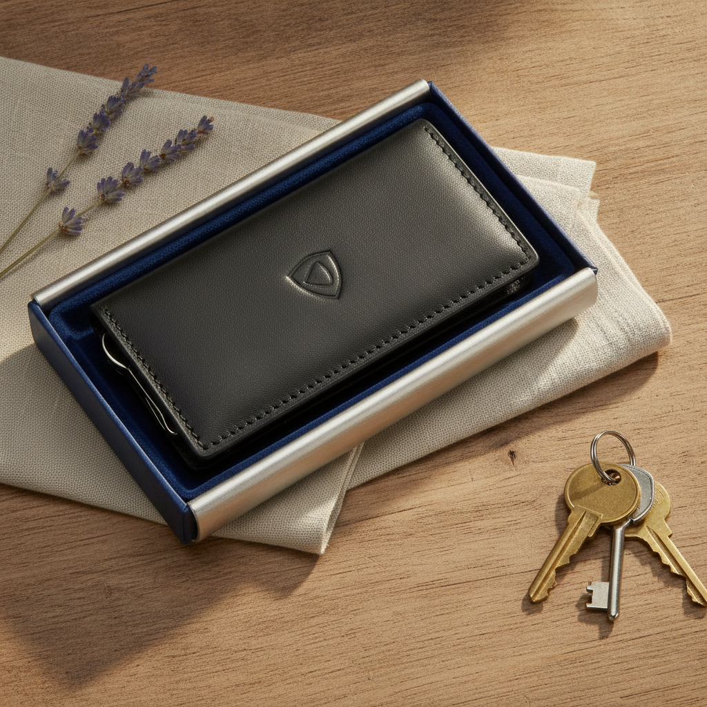 Leather Key Holder Wallet-in a box on a wooden surface with keys and lavender.