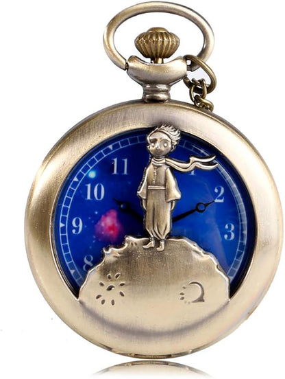 Little Prince Design Pocket Watch Quartz Pocket Watch for Men Blue Planet Dial Necklace Pocket Watch Gift
