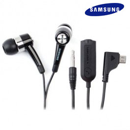 Samsung in-ear wired headphones with a black and silver earbud, inline remote control, 3.5mm jack, and angled USB connector, shown on a white background with a Samsung logo.