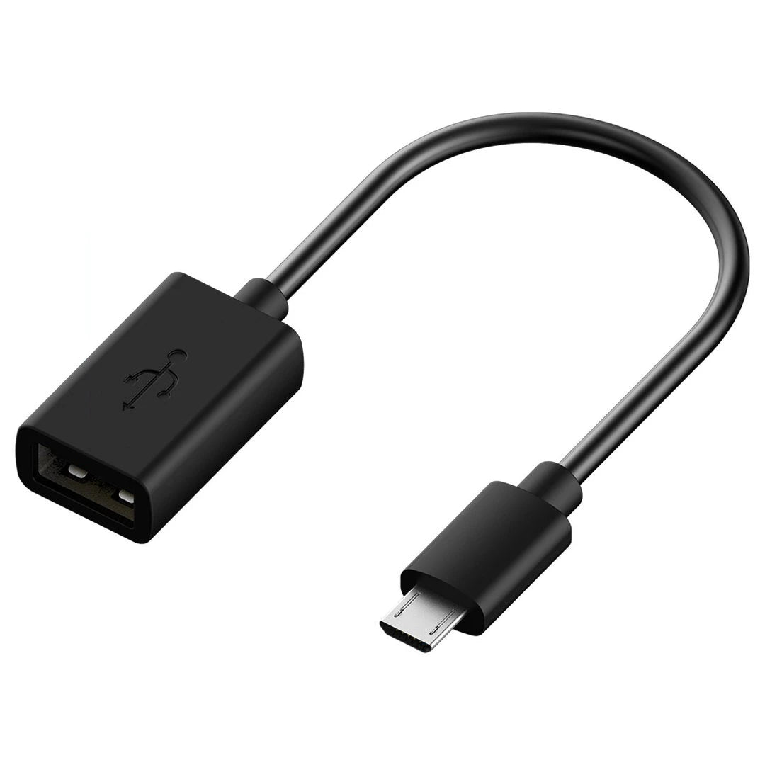 A black USB-A to Micro-USB cable adapter with a rectangular USB-A female connector on one end and a Micro-USB male connector on the other, shown on a plain white background.