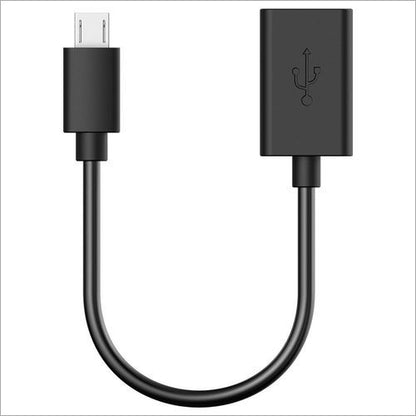 A black USB-C to Micro-USB cable with a rectangular USB-C adapter on one end and a standard USB-Micro-USB connector on the other, shown against a plain white background.