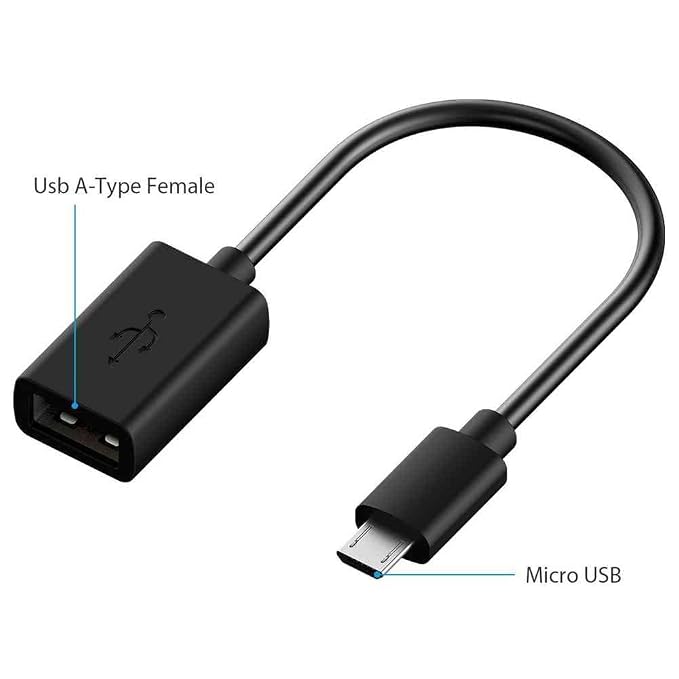 Black USB-A type female to Micro USB cable adapter on a white background with text labels pointing to each connector.