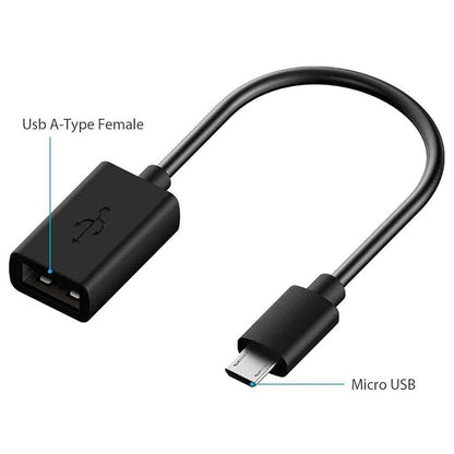 Black USB-A type female to Micro USB cable adapter on a white background with text labels pointing to each connector.