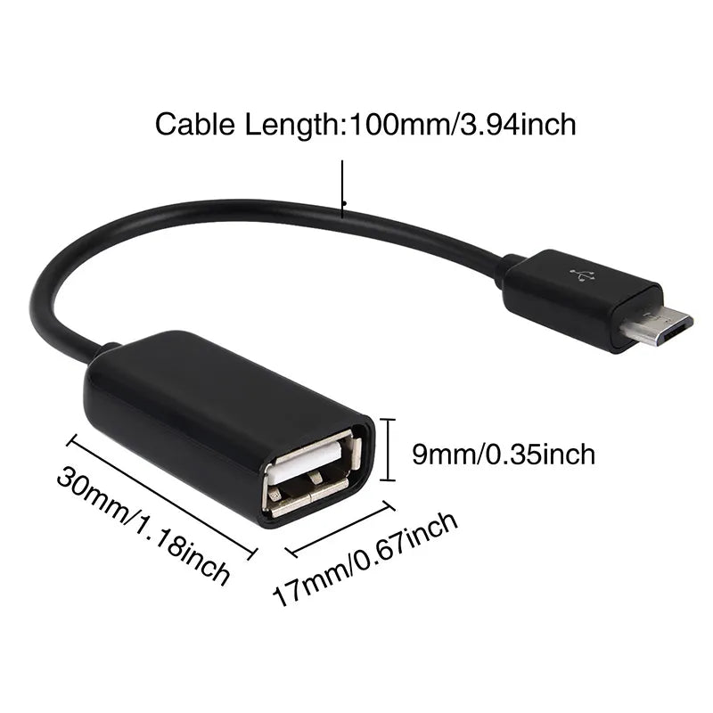 Black USB-C to USB-A adapter cable with dimension labels showing cable length, connector sizes, and measurements on a white background.